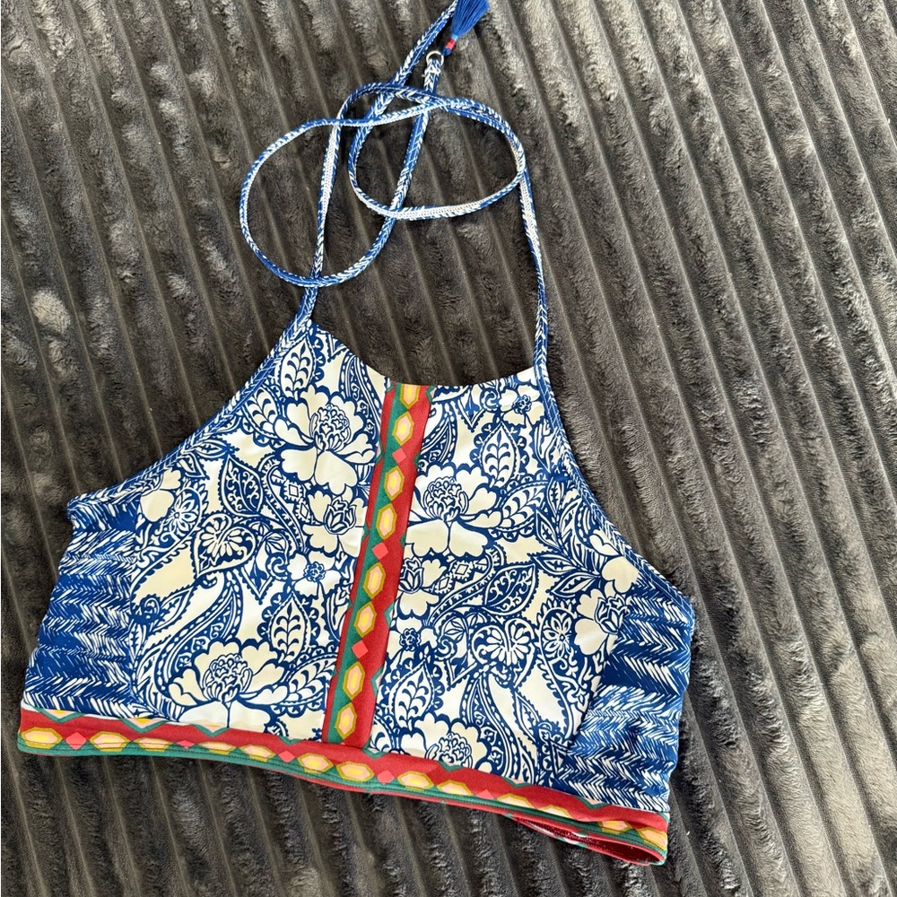LOFT Blue and White Halter Crop Swim Top